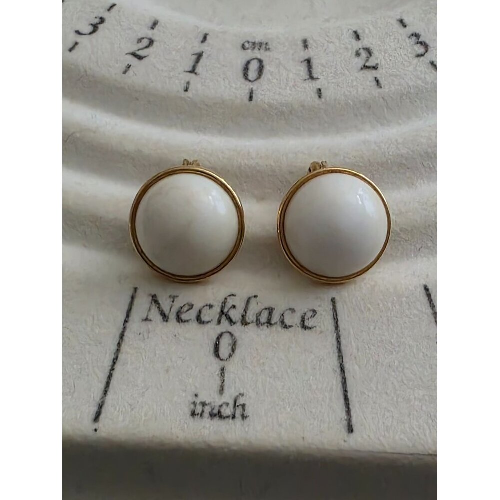 Vintage Monet Gold-Tone Clip-On Earrings With White Enamel‎ Dome Design